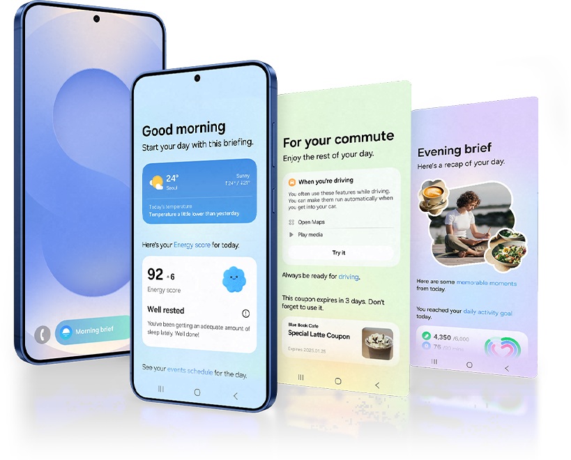 Samsung Galaxy S25+ phone showing the Now Bar along the bottom of the phone and three different Now Brief UI screens that summarize personalized information for the user's morning, commute and evening.