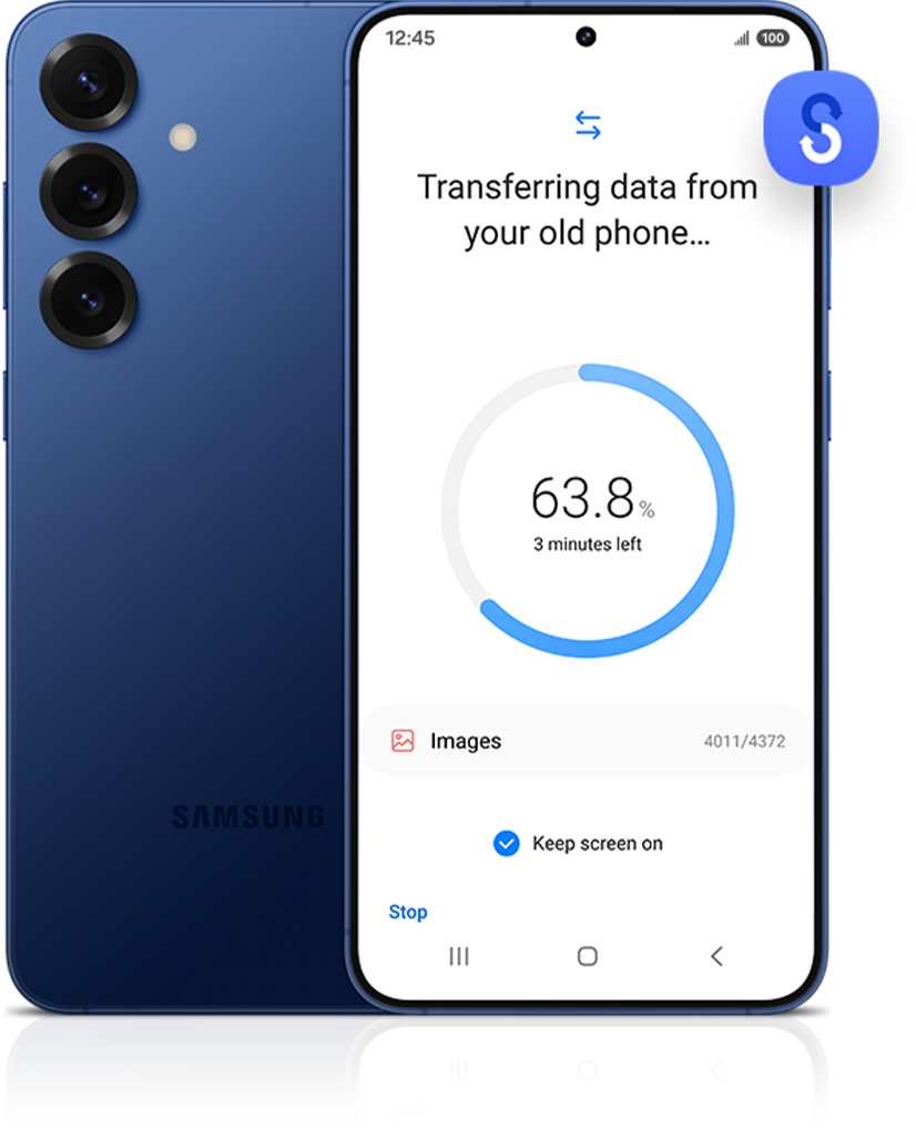 Samsung Galaxy S25+ device with the SmartSwitch process taking place by quickly transferring data from your old phone to your new Galaxy S25+.